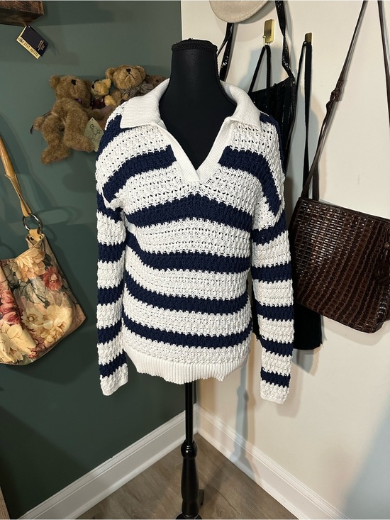 Talbots Sweaters - Talbots Coastal Grandmother Open Knit Sweater Navy Stripe Preppy Size S